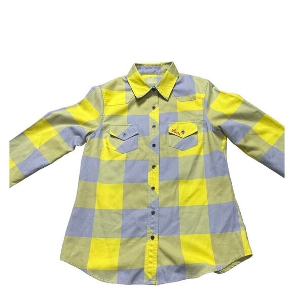 LOLA CLOTHING CO yellow and lilac plaid with logo on pocket in red SIZE MEDIUM - Picture 1 of 7